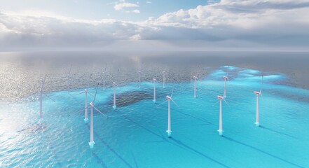 Ocean Wind Farm. Windmill farm in the ocean. Offshore wind turbines in the sea. Wind turbine from aerial view.