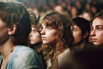 Fototapeta premium music concert performance in a huge young crowd stadium arena hall on a stage. Epic lights. boys girls teenagers fascinated looking up and having fun. young beautiful girl in the middle. Generative AI