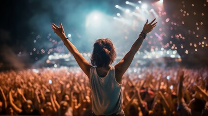 a young woman giving music concert performance in a huge crowded stadium arena hall on a stage. Epic lights and smartphone flashlights. Singer stretching her hands up. Generative AI