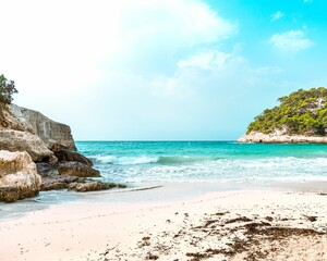 Landscape of the Minorca beach surrounded by greenery on a sunny day in Spain