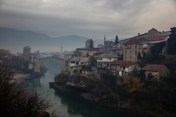 High-angle of Mostar old bridge on a gloomy day