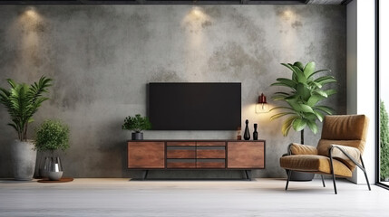 Cabinet TV in modern living room with armchair and plant on concrete wall background, Generative AI