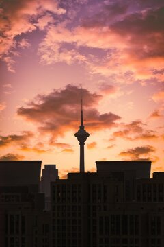 Image Of A Tianjin TV Tower In The Dark Shadow During The Red Sunset