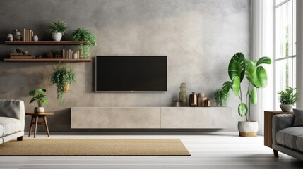Cabinet TV in modern living room with armchair and plant on concrete wall background, Generative AI