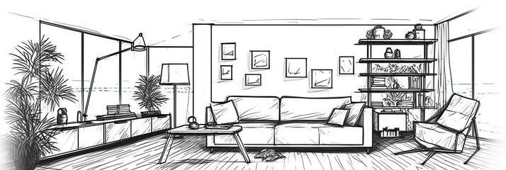 Interior design with modern living room in black line sketch on white background, Generative AI