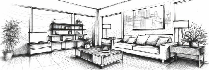 Interior design with modern living room in black line sketch on white background, Generative AI