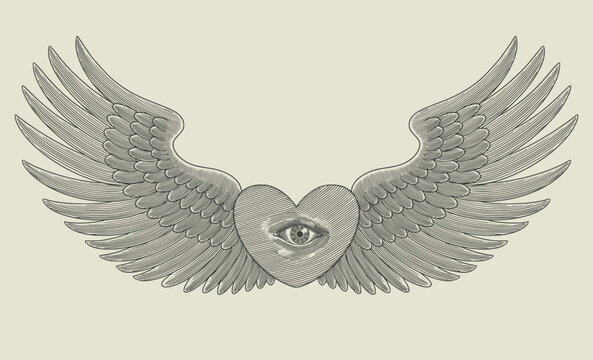 heart with wings and eye. vintage engraving vector illustration
