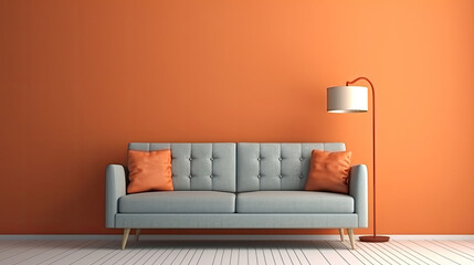 Modern design interior. Scandinavian sofa furniture, by plain isolated wall, Generative AI