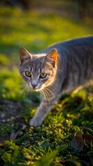 Vertical closeup of a cat walking outdoors with blurred background