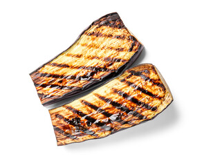 Delicious grilled eggplants on white background, top view