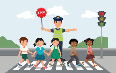 Kids walking crossing road near pedestrian traffic light on zebra cross with police traffic holding stop sign