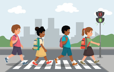 Cute students kids with backpack walking crossing road near traffic light on zebra crossing on the way to school  © Tenstudio