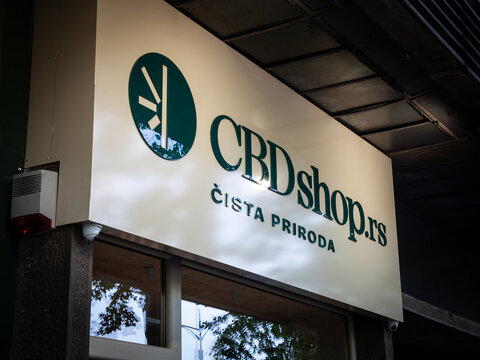 BELGRADE, SERBIA - MAY 22, 2023: CBD store in the center of Belgrade, selling cannabis and marijuana derivated products. Cannabis & weed are not legal for medical and recreational use, except for CBD.