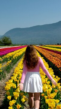 girl in white skirt walks through a field tulips dance spinning run touch flowers with her hands straighten hair on blue background sky mountains