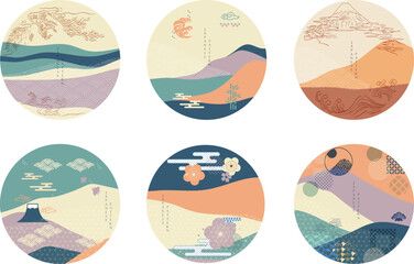 Japanese background in circle shape vector. Asian element template with abstract landscape backdrop.