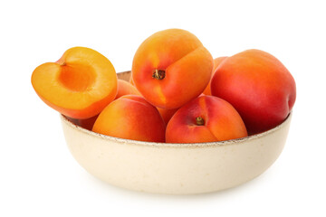Bowl with ripe apricots isolated on white background