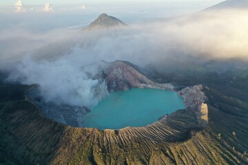 Aerial view of a lake located in the crater of the Ijen volcano