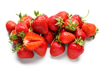 Many fresh strawberries on white background