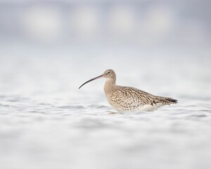 Closeup shot of a curlew bird looking for food on the lake