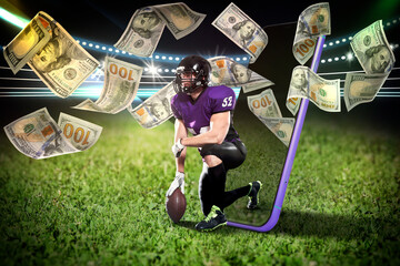 Sports betting. American football player appearing from smartphone on field under money shower
