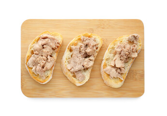 Tasty sandwiches with cod liver isolated on white, top view