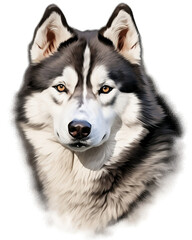 Obraz premium Watercolor-style portrait illustration of a husky on a white background. Capturing the beauty and personality of this breed in a unique and vibrant artistic representation. Perfect for dog lovers