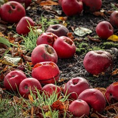 Closeup of old rotten red apples on the ground in a farm