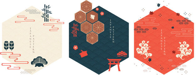 Set of geometric modern graphic elements vector. Asian icons and symbol with Japanese pattern. Abstract banners with template for logo design, flyer or presentation in vintage style.