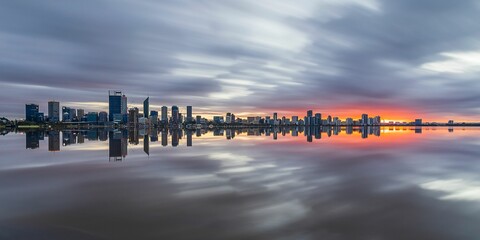 Panoramic view of the skyline of Perth, Australia reflecting in the water
