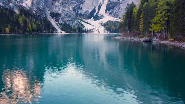 View of the lake Braies in Dolomites mountains, Italy