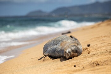 Closeup of a Hawaiian monk seal (Neomonachus schauinslandi) sleeping on a sandy coast