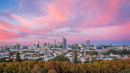 Aerial view of the skyline of Brisbane, Australia with a colorful and vibrant sky as the background