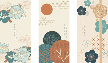 Japanese background with Asian traditional icon vector. Cherry blossom and peony flower, wave pattern, bamboo and ribbon elements. Geometric pattern in vintage style. - obrazy, fototapety, plakaty