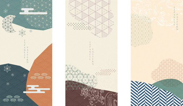 Geometric pattern with Japanese icon and symbol vector. Abstract landscape background with card and template design.