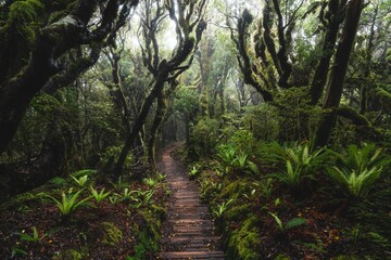 Scenic shot of a narrow wooden walkway in a lush and wet park