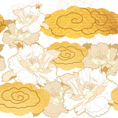 Peony flower seamless background with watercolor texture vector. Cloud gold foil elements with brush stroke illustration in vintage style. 