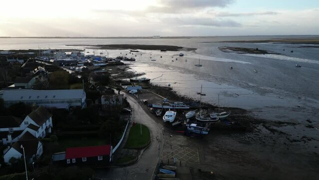 Drone footage of The Stroud causeway to Mersea Island at low tide.