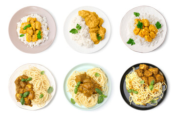 Set of delicious curry dishes on white background, top view