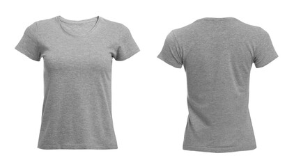 Stylish gray t-shirt on white background, front and back views. Space for design