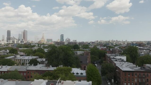 Flying over the rooftops of brownstones in Cobble Hill Brooklyn NY