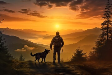 a man walking with a dog, sunset in the mountains, hiking, ai generated