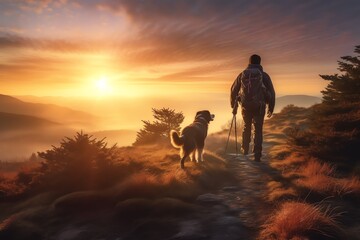 a man walking with a dog, sunset in the mountains, hiking, ai generated