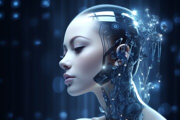portrait in profile of a beautiful female robot with blue background and lights