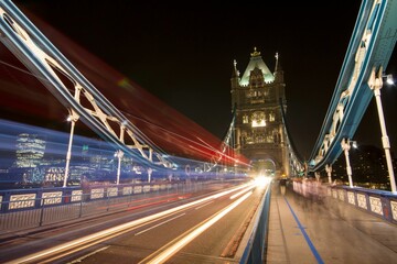 Beautiful view of light trail on the bridge in the city at night