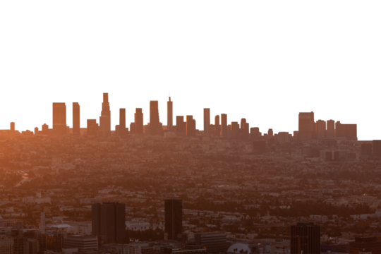 Smoggy orange sunrise cityscape view of Los Angeles and Hollywood from hilltop in the Santa Monica Mountains.    Isolated with cut out sky. - Powered by Adobe