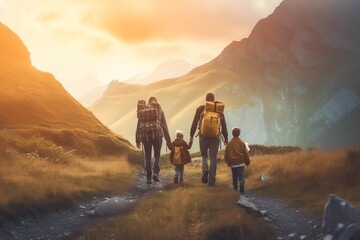 tourists in the mountains, family walking