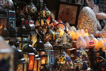 Fototapeta premium Close-up shot of Handmade Traditional Egyptian Lamps at Khan El Khalili Market in Cairo, Egypt