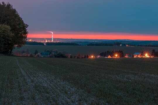 Long exposure of the skyline in Chemnitz at night, a view form a meadow