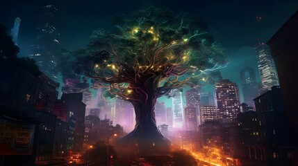Fototapeta na wymiar fireworks over the city of night of a big tree generative art