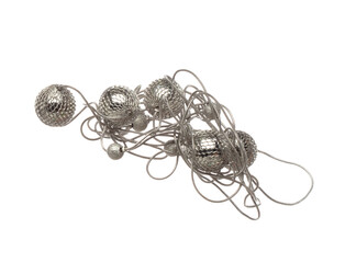 Silver jewel bead style necklet fly in air. Wire silver Jewelry bead necklace as gemstone for fashion ornament decorative items. Fashion ornament necklace to add more style. White background isolated